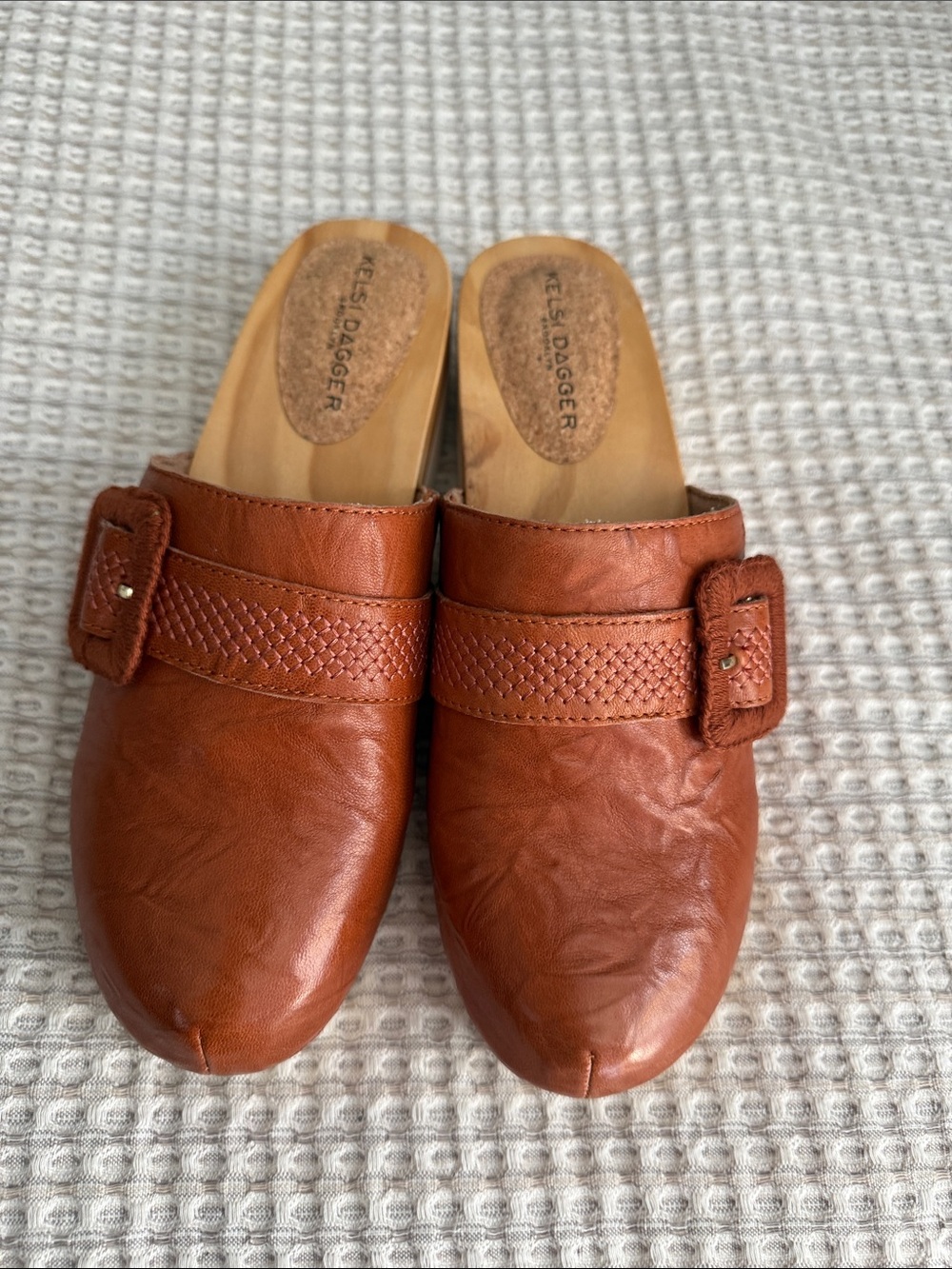 Kelsi Dagger Tan Leather Buckle Clogs